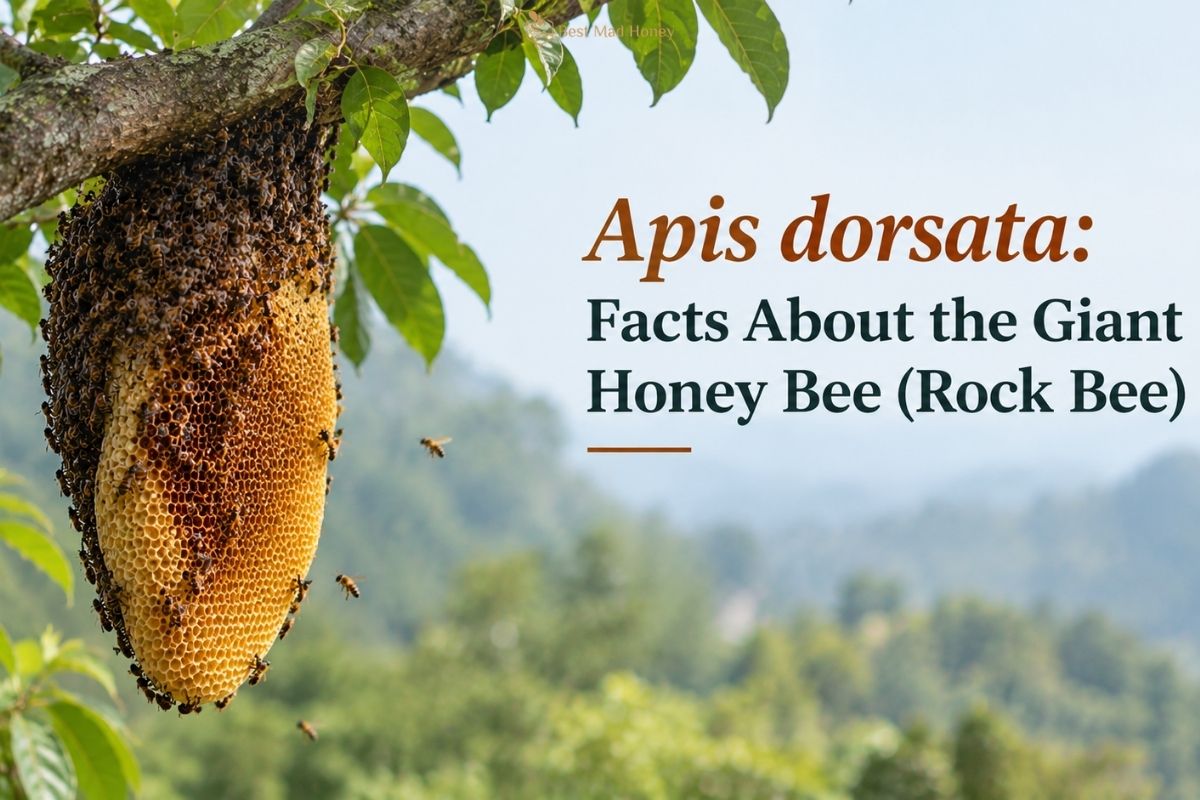 Apis dorsata giant honey bee colony on a hanging honeycomb attached to a tree branch.
