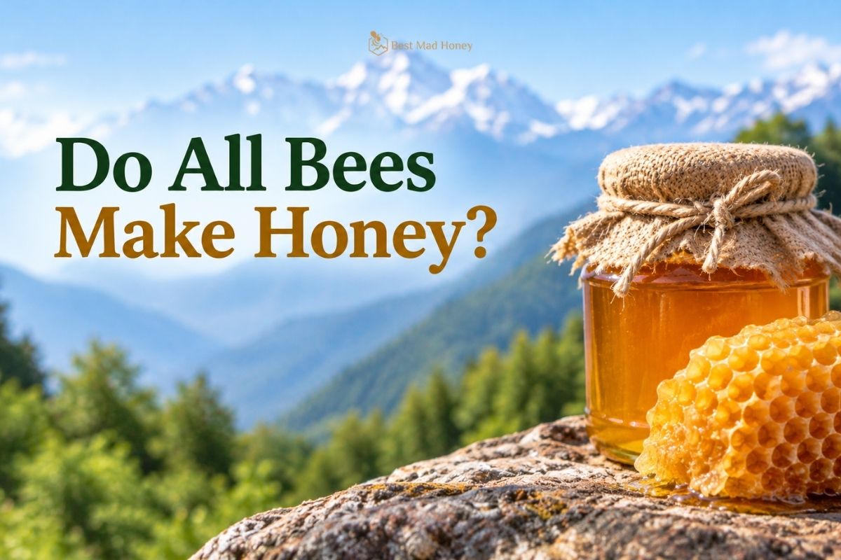 Jar of Himalayan honey and honeycomb with snowy mountains and a bee in the background