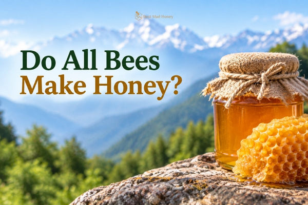 Jar of Himalayan honey and honeycomb with snowy mountains and a bee in the background